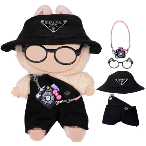 Vicloon Bekleidung für 17cm Labubu Plüsch, Kleidung für Labubu Puppe, Passende Kleidung für Die bu-bu-Plüsch Toy, Kuscheltier Outfit für La-bu Puppe, Ideales DIY Kinder Geschenke, Schwarze Hose+Brille von Vicloon