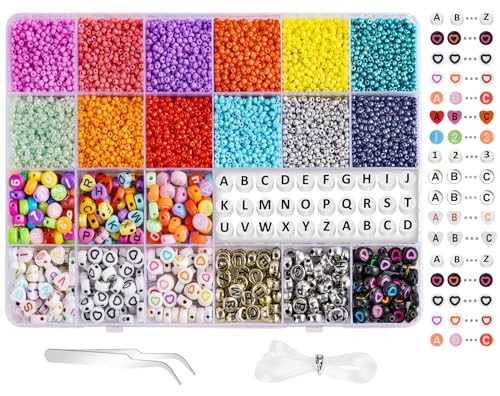 Vicloon Bunte Glasperln Selber Machen Set,12600 Stück Auffädeln Set mit Buchstaben und Liebe Perlen, 24 Farben Perlen für Selber Machen Armbänder Charm Kit von Vicloon