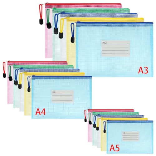 Vicloon Dokumententasche A3+A4+A5, 15pcs Reißverschlusstaschen mit Etikett, Wasserdichte Mesh-Taschen Kunststoff Reißverschlusstasche Zipper Tasche für Schule, Büro, Reisen（Farbe） von Vicloon