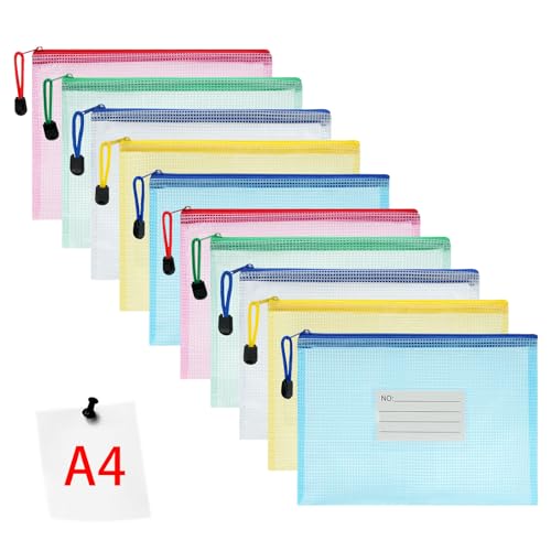 Vicloon Dokumententasche A4, 10pcs Reißverschlusstaschen mit Etikett, Wasserdichte Mesh-Taschen Kunststoff Reißverschlusstasche Zipper Tasche für Schule, Büro, Reisen（Farbe） von Vicloon