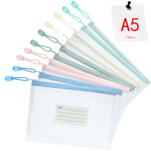 Vicloon Dokumententasche A5, 10pcs Reißverschlusstaschen mit Etikett, Wasserdichte Mesh-Taschen Kunststoff Reißverschlusstasche Zipper Tasche für Schule, Büro, Reisen（Weiß） von Vicloon