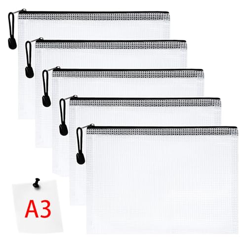 Vicloon Dokumententasche mit Reißverschluss A3, 5 pcs Mesh Plastic Zip Bag, Wasserdichte Document Case, Reißverschlusstasche Zip Beutel Tasche Wallet Taschen Kunststoff Mesh Dokumentenmappen von Vicloon