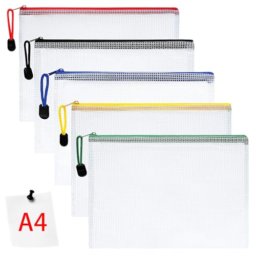 Vicloon Dokumententasche mit Reißverschluss A4, 5 pcs Mesh Plastic Zip Bag, Wasserdichte Document Case, Reißverschlusstasche Zip Beutel Tasche Wallet Taschen Kunststoff Mesh Dokumentenmappen von Vicloon