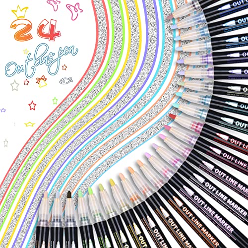 Vicloon Glitzerstifte Magische Stifte, 24 Farben Ostergeschenke Kinder, Doppellinie Outline Marker Stifte, Geschenke für Mädchen Basteln, Weihnachtsgeschenke Kinder von Vicloon