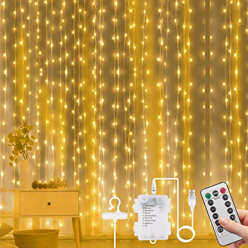 Vicloon LED Lichtervorhang, 3M*3M 300 LEDs 2 in 1 USB &Batterie Vorhanglichter mit Fernbedienung, IP65 Wasserfest, 8 Modi Vorhang Lichterkette, LED Lichterkettenvorhang für Weihnachten-Warmweiß von Vicloon
