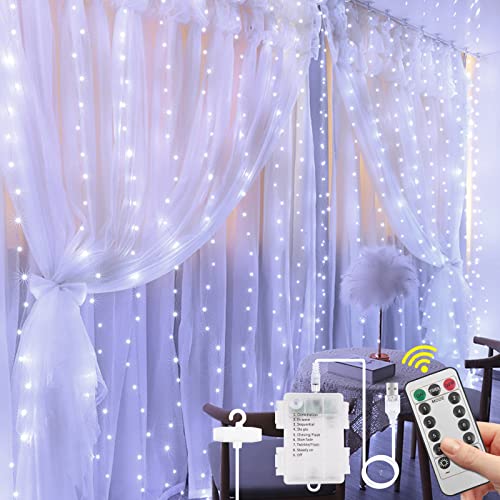 Vicloon LED Lichtervorhang, 3M*3M 300 LEDs 2 in 1 USB &Batterie Vorhanglichter mit Fernbedienung, IP65 Wasserfest, 8 Modi Vorhang Lichterkette, LED Lichterkettenvorhang für Weihnachten-Weiß von Vicloon