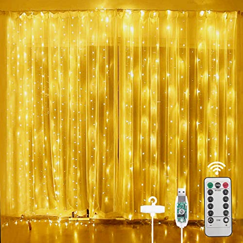 Vicloon LED Lichtervorhang, 3M*3M 300 LEDs USB Vorhanglichter mit Fernbedienung, IP65 Wasserfest, 8 Modi Vorhang Lichterkette, LED Lichterkettenvorhang für Weihnachten, Partydekoration -Warmweiß von Vicloon