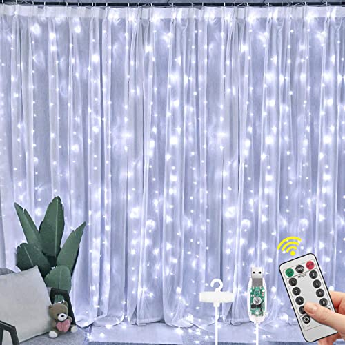 Vicloon LED Lichtervorhang, 3M*3M 300 LEDs USB Vorhanglichter mit Fernbedienung, IP65 Wasserfest, 8 Modi Vorhang Lichterkette, LED Lichterkettenvorhang für Weihnachten, Partydekoration -Weiß von Vicloon