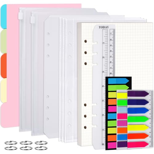 Vicloon Nachfüllbare Notizpapier Set, 115pcs 6 Löcher Ringbuch Nachfüllbar A5 Nachfüllpapier Kariert, Loseblatt Papier Set mit Trennblätter, Haftnotizen Bunt, Umschlägbeutel, Lineal, Metallringe Vicloon Nachfüllbare Notizpapier Set, 115pcs 6 Löcher Ringbuch Nachfüllbar A5 Nachfüllpapier Kariert, Loseblatt Papier Set mit Trennblätter, Haftnotizen Bunt, Umschlägbeutel, Lineal, Metallringe von Vicloon