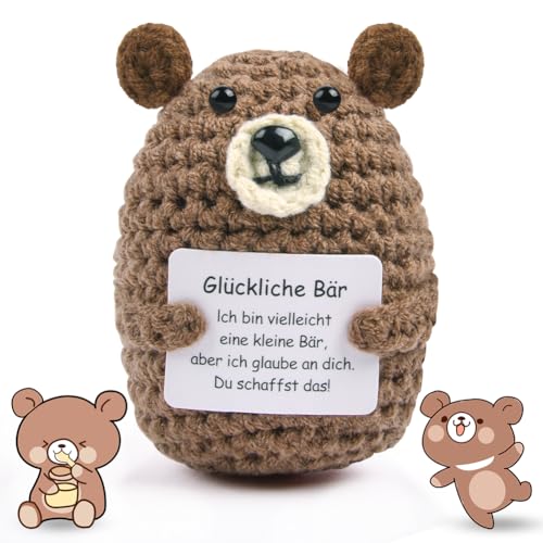 Vicloon Positive Puppe, Gestrickte Puppe mit Positive Karten, Kreative Braunbär Puppe, Mini-Plüsch Puppe, Viel Glück Geschenke, Motivationsgeschenke (Braunbär) von Vicloon