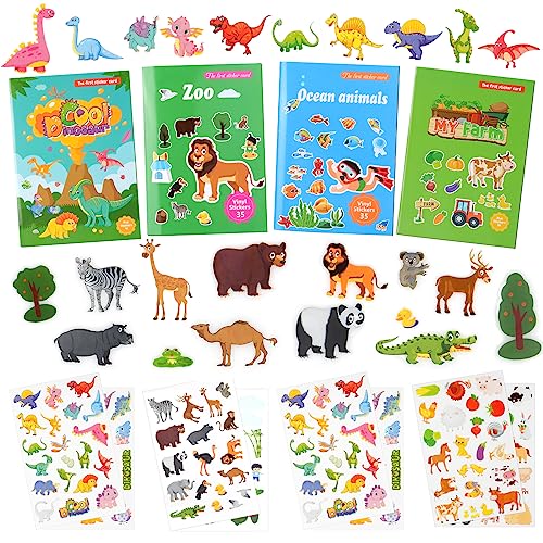 Vicloon Wiederverwendbare Sticker, Reusable Sticker Zoo/Meer/Dinosaurier/Bauernhof Farbig Aufkleber, Kleinkinder Sticker für Mitgebsel Kindergeburtstag Gastgeschenke(4 Bogen) von Vicloon