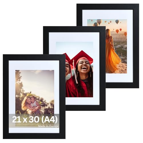 VictoR Bilderrahmen Passepartout Richter Schwarz 3er Set in 21x30 cm (A4) mit 15x21 (A5) Passepartout - Fotorahmen Holz - Leiste: 25x20mm - Bilderrahmen Set A4 Schwarz von VictoR