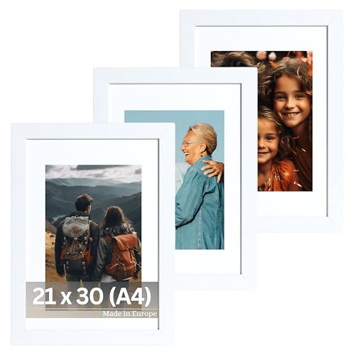 VictoR Bilderrahmen Passepartout Richter Weiß 3er Set in 21x30 cm (A4) mit 15x21 (A5) Passepartout - Fotorahmen Holz - Leiste: 25x20mm - Bilderrahmen Set A4 Weiß von VictoR