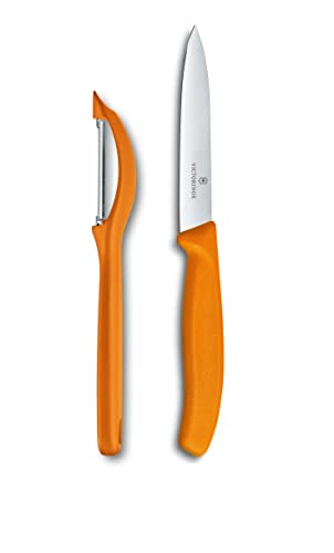Victorinox Universalschäler mit Pendelklinge CUT Set für Obst und Gemüse - Extra scharf - Zackenschliffklinge/Zweischneidig - Swiss Made - Orange von Victorinox
