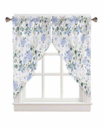 Victoroes Volant-Vorhänge für Pflanzen, blaue Hortensien, Blumen, Eukalyptusblätter, Stangentasche, Küche, Volant, gewellt, für Wohnzimmer, Badezimmer, Fenster, 71,1 x 91,4 cm (B x L) von Victoroes