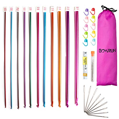 Häkelnadeln Set, 11 STÜCKE 2mm (B) -8mm (L) Tunesische Afghanische Stricknadel Set Multicolor Aluminium Stricknadeln Werkzeugset für Anfänger mit Doppelsteppstichmachern Großaugen Stumpfe Nadeln von Vidillo