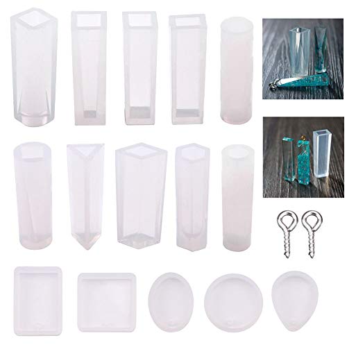 Silikonform, 15 Stück Harz Anhänger Schmuckwerkzeug + 100 Stück Haken Schrauben für Epoxidharz DIY Basteln Halskette Ohrring Schmuck Ohrringe Kugel Harz (115-Rechteck) von Vidillo