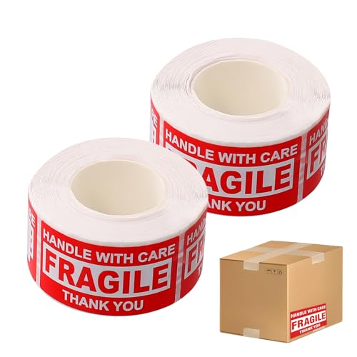 2 PCS 500 Etiketten Vorsicht Zerbrechlich, Achtung Glas Bruchgefahr, Handle With Care Fragile Umzugskartons, 25 x 45 mm, Witterungsbeständig, Starker Kleber von Vidsmow