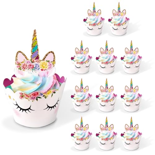 Einhorn Cupcake Wrappers 12 set,Viechoes Einhorn Muffin Deko,Einhorn Cupcake Toppers,Geburtstagsdeko,Tortendeko,Cupcake Wrappers für Geburtstagsfeier Hochzeiten Dessert Kuchen Dekorationen (12) von Viechoes