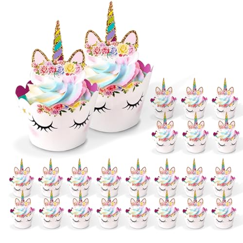 Einhorn Cupcake Wrappers 24 set,Viechoes Einhorn Muffin Deko,Einhorn Cupcake Toppers,Geburtstagsdeko,Tortendeko,Cupcake Wrappers für Geburtstagsfeier Hochzeiten Dessert Kuchen Dekorationen (24) von Viechoes