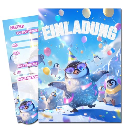 Vielucks® 15 x Filmgenre Einladungskarten - DIN A6 - Original - mit Aufkleber,Einladungskarten Kindergeburtstag Mädchen Junge,Geburtstagseinladungen,Party deko,Einladung Einschulung (Pinguin) von Vielucks