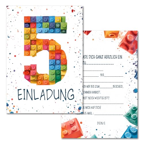 Vielucks 15 x Bausteine Einladungskarten - DIN A6 - Original - mit Aufkleber,Blocks Einladungskarten Kindergeburtstag Mädchen Junge,Geburtstagseinladungen,Party deko,Einladung Einschulung (5 Jahre) von Vielucks