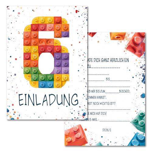 Vielucks 15 x Bausteine Einladungskarten - DIN A6 - Original - mit Aufkleber,Blocks Einladungskarten Kindergeburtstag Mädchen Junge,Geburtstagseinladungen,Party deko,Einladung Einschulung (6 Jahre) von Vielucks