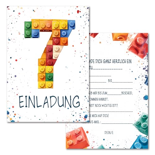 Vielucks 15 x Bausteine Einladungskarten - DIN A6 - Original - mit Aufkleber,Blocks Einladungskarten Kindergeburtstag Mädchen Junge,Geburtstagseinladungen,Party deko,Einladung Einschulung (7 Jahre) von Vielucks