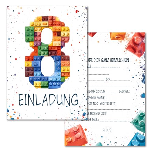 Vielucks 15 x Bausteine Einladungskarten - DIN A6 - Original - mit Aufkleber,Blocks Einladungskarten Kindergeburtstag Mädchen Junge,Geburtstagseinladungen,Party deko,Einladung Einschulung (8 Jahre) von Vielucks