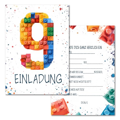 Vielucks 15 x Bausteine Einladungskarten - DIN A6 - Original - mit Aufkleber,Blocks Einladungskarten Kindergeburtstag Mädchen Junge,Geburtstagseinladungen,Party deko,Einladung Einschulung (9 Jahre) von Vielucks