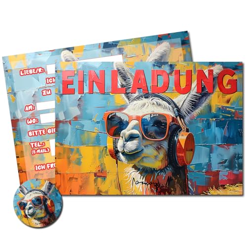 Vielucks 15 x Filmgenre Lama Einladungskarten - DIN A6 - Original - mit Aufkleber,Alpaka Einladungskarten Kindergeburtstag Mädchen Junge,Geburtstagseinladungen,Party deko,Einladung Einschulung(Lama Ⅰ) von Vielucks