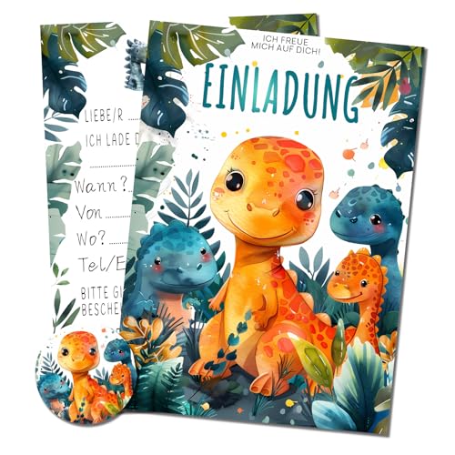 Vielucks 15 x Karikatur Einladungskarten - DIN A6 - Original - mit Aufkleber,Einladungskarten Kindergeburtstag Mädchen Junge,Geburtstagseinladungen,Party deko,Einladung Einschulung (Dinosaurier) von Vielucks