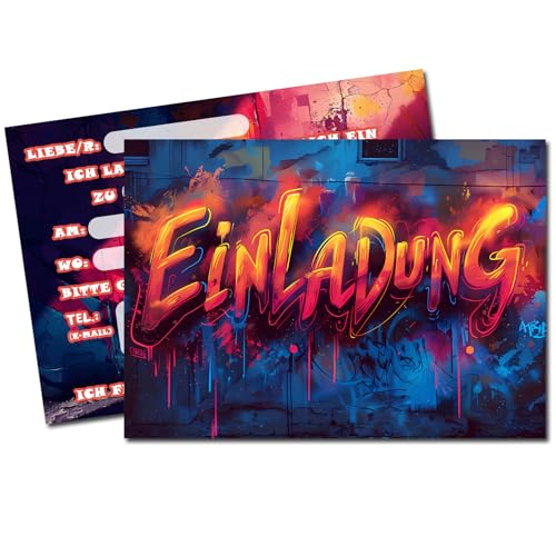 Vielucks 15 x Original Graffiti Einladungskarten - DIN A6,Einladungskarten Kindergeburtstag Junge Mädchen,Geburtstagseinladungen,Partyeinladungen,Einschulung Einladungskarten,Party deko (Dunkel) von Vielucks