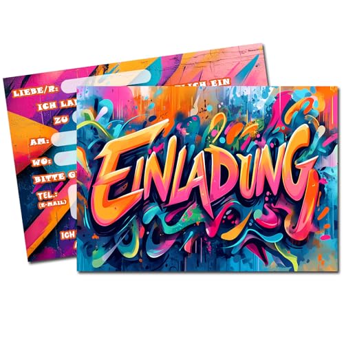 Vielucks 15 x Original Graffiti Einladungskarten - DIN A6,Einladungskarten Kindergeburtstag Junge Mädchen,Geburtstagseinladungen,Partyeinladungen,Einschulung Einladungskarten,Party deko (Farbenfroher) von Vielucks