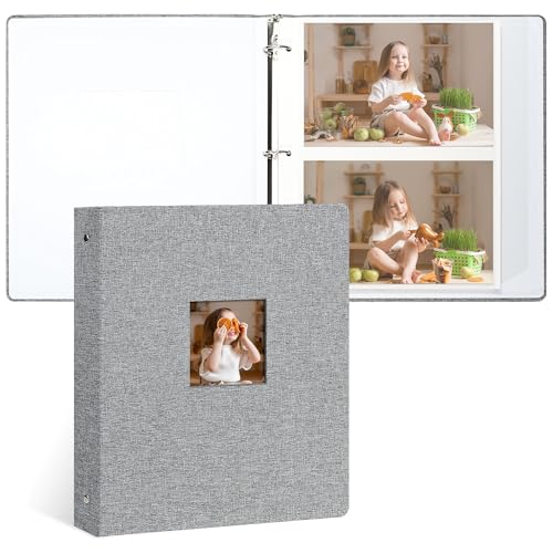 Vienrose Fotoalbum Selbstklebend, 3-Ring-Design, Leinendecke, 20 Blatt/40 Seiten, für Fotos 10x15, 13x18, 18x24 cm (Grau) von Vienrose