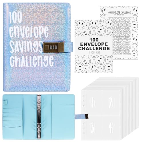 Viitech 2025 100 Envelope Saving Challenge mit Kombinationsschloss, A5 Ringbuch Sparen Organizer Geld Fun Way to Save €5,050, A5 Budgetplaner mit Bargeld Umschläge und Challengers Tracker (Blau) von Viitech