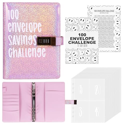 Viitech 2025 100 Envelope Saving Challenge mit Kombinationsschloss, A5 Ringbuch Sparen Organizer Geld Fun Way to Save €5,050, A5 Budgetplaner mit Bargeld Umschläge und Challengers Tracker (Rosa) von Viitech