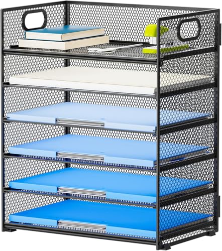 6 Ebenen Papier Organizer Briefablage Organizer, Mesh Metall Schreibtisch Akten Organizer mit Griff, Papiersortierer Organizer für Brief/A4 Office Aktenordnerhalter (Schwarz) von Vikmyer