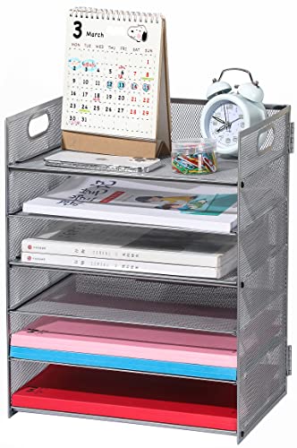 6 Ebenen Papier Organizer Briefablage Organizer, Mesh Metall Schreibtisch Akten Organizer mit Griff, Papiersortierer Organizer für Brief/A4 Office Aktenordnerhalter (Silber) von Vikmyer