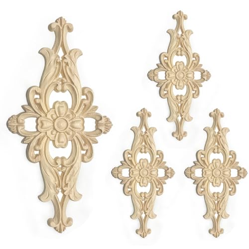 Dekorative Holzblumen-Applikationen, 9,9 x 20,1 cm, unlackiert, Massivholzschnitzerei, Aufkleber, Zierleiste für Möbel, Schrank, Dekoration (9,9 x 20,1 cm, 4 Stück) von Vilanca