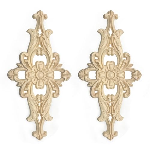 Vilanca Dekorative Holzblumen-Applikationen, 14 x 26,9 cm, unlackiert, Massivholzschnitzerei, Aufkleber, Applikation für Möbel, Schrank, Dekoration (14 x 26,9 cm, 2 Stück) von Vilanca
