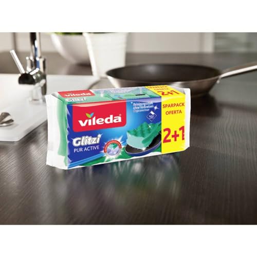 Vileda Glitzi PurActive Reinigungsschwamm, entfernt selbst hartnäckigsten Schmutz ohne zu Verkratzen, geeignet für empfindliche Oberflächen, leicht ausspülbar, Farbe grün, 2+1 Sparpack Vileda Glitzi PurActive Reinigungsschwamm, entfernt selbst hartnäckigsten Schmutz ohne zu Verkratzen, geeignet für empfindliche Oberflächen, leicht ausspülbar, Farbe grün, 2+1 Sparpack von Vileda
