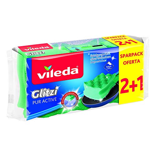Vileda Glitzi PurActive Reinigungsschwamm, entfernt selbst hartnäckigsten Schmutz ohne zu Verkratzen, geeignet für empfindliche und hochwertige Oberflächen, Farbe grün, 2+1 Sparpack Vileda Glitzi PurActive Reinigungsschwamm, entfernt selbst hartnäckigsten Schmutz ohne zu Verkratzen, geeignet für empfindliche und hochwertige Oberflächen, Farbe grün, 2+1 Sparpack von Vileda