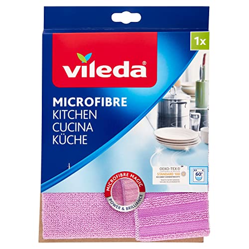 Vileda Mikrofaser Küchentuch, 2 Reinigungsseiten – Reinigungspower trifft auf streifenfreien Glanz, 32 x 1 x 32 cm, Farbe lila, 1er Pack von Vileda