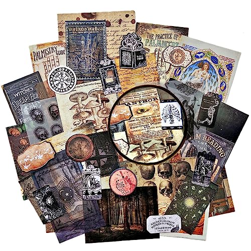Vilikya Dark Academia Junk Journal Supplies, Vintage Skull Decoupage-Papier für Scrapbook Kit, 45 Stück Astrologie Ephemera für Junk Journals, Pilzpflanzenmaterialien für Raumdekoration, von Vilikya
