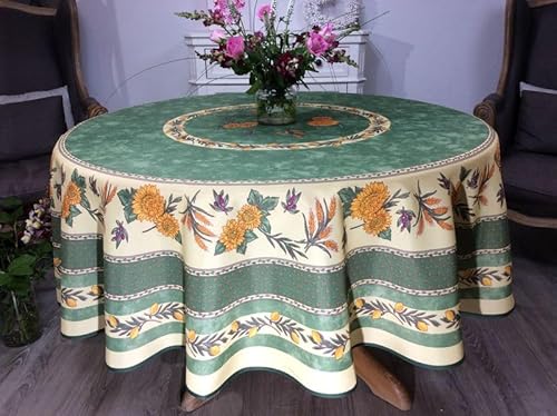 Runde schmutzabweisende Tischdecke - Faltenbeständig und 100% Polyester - Grün - Ø 180 cm - Tournesol Abeille - 6/8 Besteck - Innen oder Außen - Esstisch, Küche oder Garten von Villages de Provence