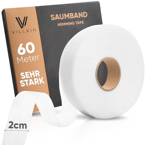 Villkin Saumband 60m Länge und 20mm Breite – Bügelband zum Aufbügeln auf Textilien wie Hosen Gardinen Vorhänge – Saumfließ (Weiß, 20mm x 60m) von Villkin