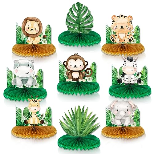 9 Stück Safari-Waben-Mittelstücke, Dschungeltiere Babyparty-Dekorationen für Jungen, Safari-Motto-Geburtstagsparty-Zubehör, Wild One-Geburtstagsparty-Dekorationen für Jungen und Mädchen von VillyVida