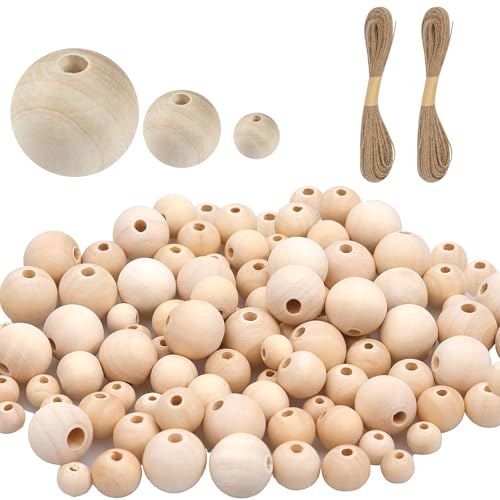150 Stück Holzperlen Zum Auffädeln Kinder, Holzkugeln Mit Loch Und 2 Hanfseil Holzperlen Groß Perlen Holz Bastelperlen Zum Auffädeln Für DIY Schmuck Armband Bemalte Dekoration (20mm,15mm,10mm) von Vimmvid