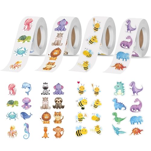 2000 Stück Stickers Tiere, Motivationssticker Für Kinder, Meerestiere Aufkleber Kinder, Sticker Rolle Belohnungssticker, DIY Handwerk, Journal, Geschenke Für Kind (4 Rolle） von Vimmvid